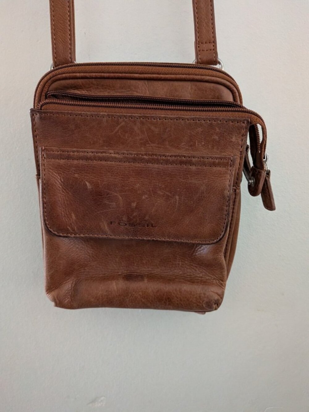 Fossil Crossbody Bag Brown Cognac Leather Organizer Wallet Purse Zip Pocket Vtg